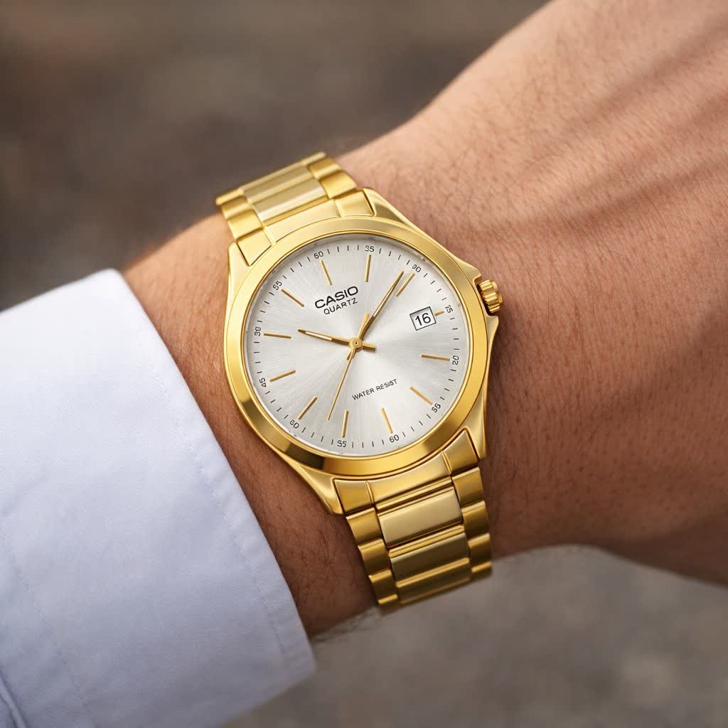 ساعت مچی مردانه کاسیو CASIO موتور ژاپن طلایی سفید کد469 + جعبه