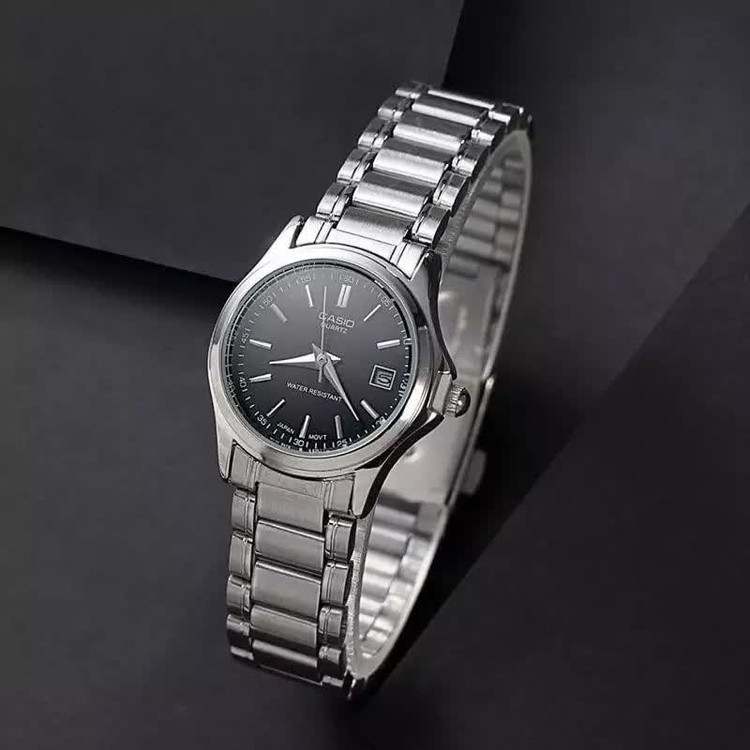ساعت مچی زنانه کاسیو CASIO نقره ای موتور ژاپن مشکی کد459 + جعبه