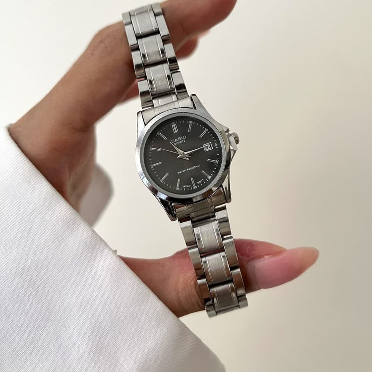 ساعت مچی زنانه کاسیو CASIO نقره ای موتور ژاپن مشکی کد459 + جعبه