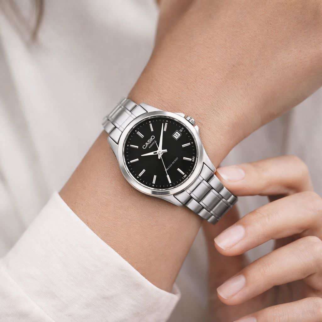ساعت مچی زنانه کاسیو CASIO نقره ای موتور ژاپن مشکی کد459 + جعبه