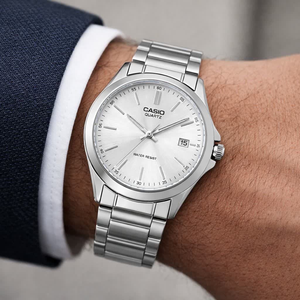 ساعت مچی مردانه کاسیو CASIO موتور ژاپن نقره ای سفید کد458 + جعبه