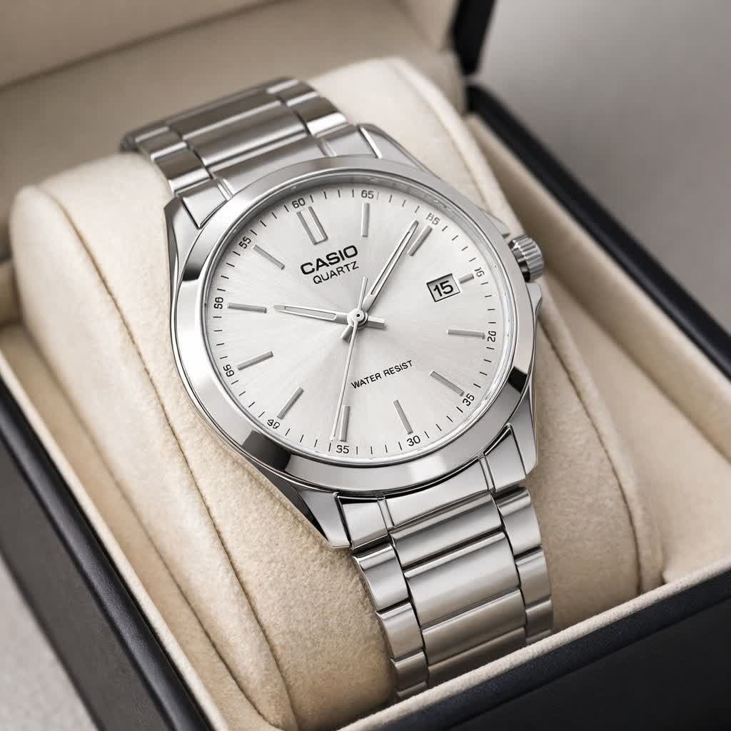 ساعت مچی مردانه کاسیو CASIO موتور ژاپن نقره ای سفید کد458 + جعبه