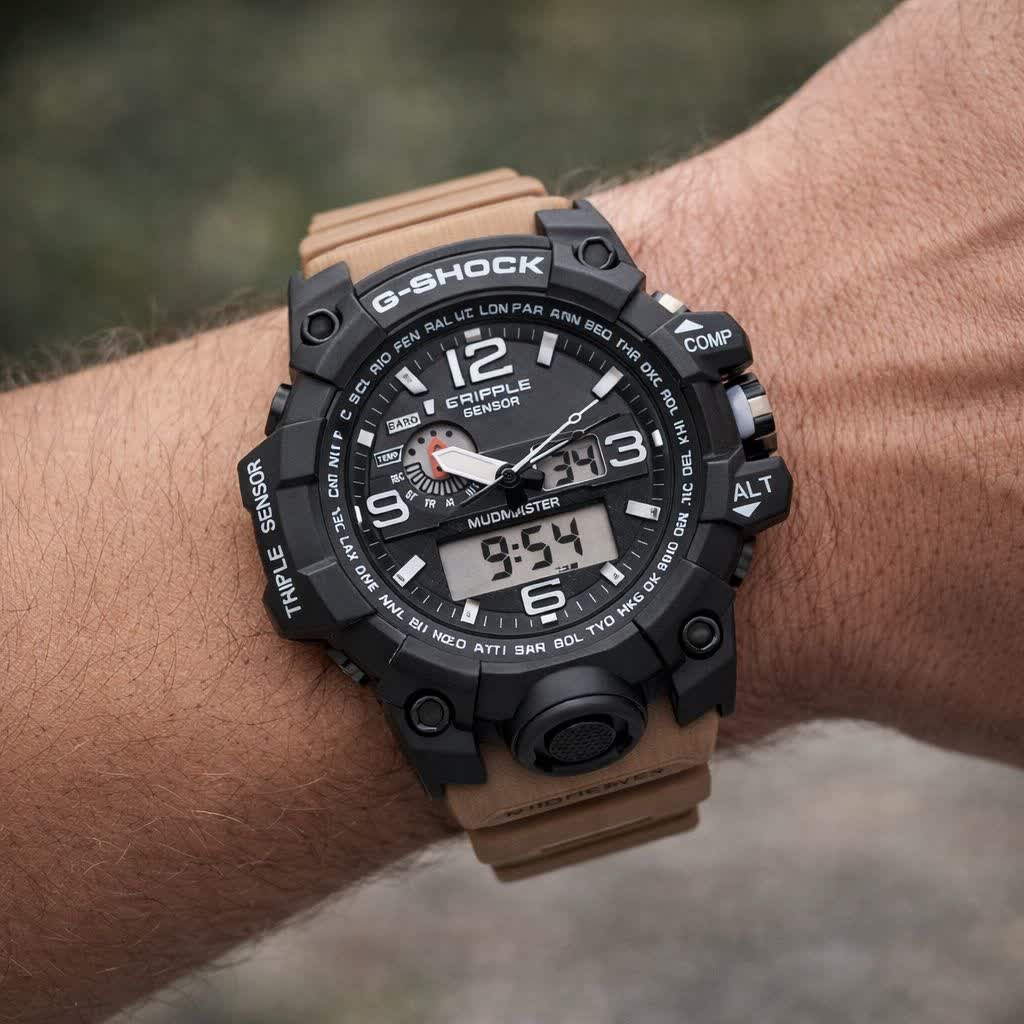 ساعت مچی مردانه عقربه ای و دیجیتال کاسیو جیشاک CASIO G-SHOOK بند کرمی + جعبه اصلی