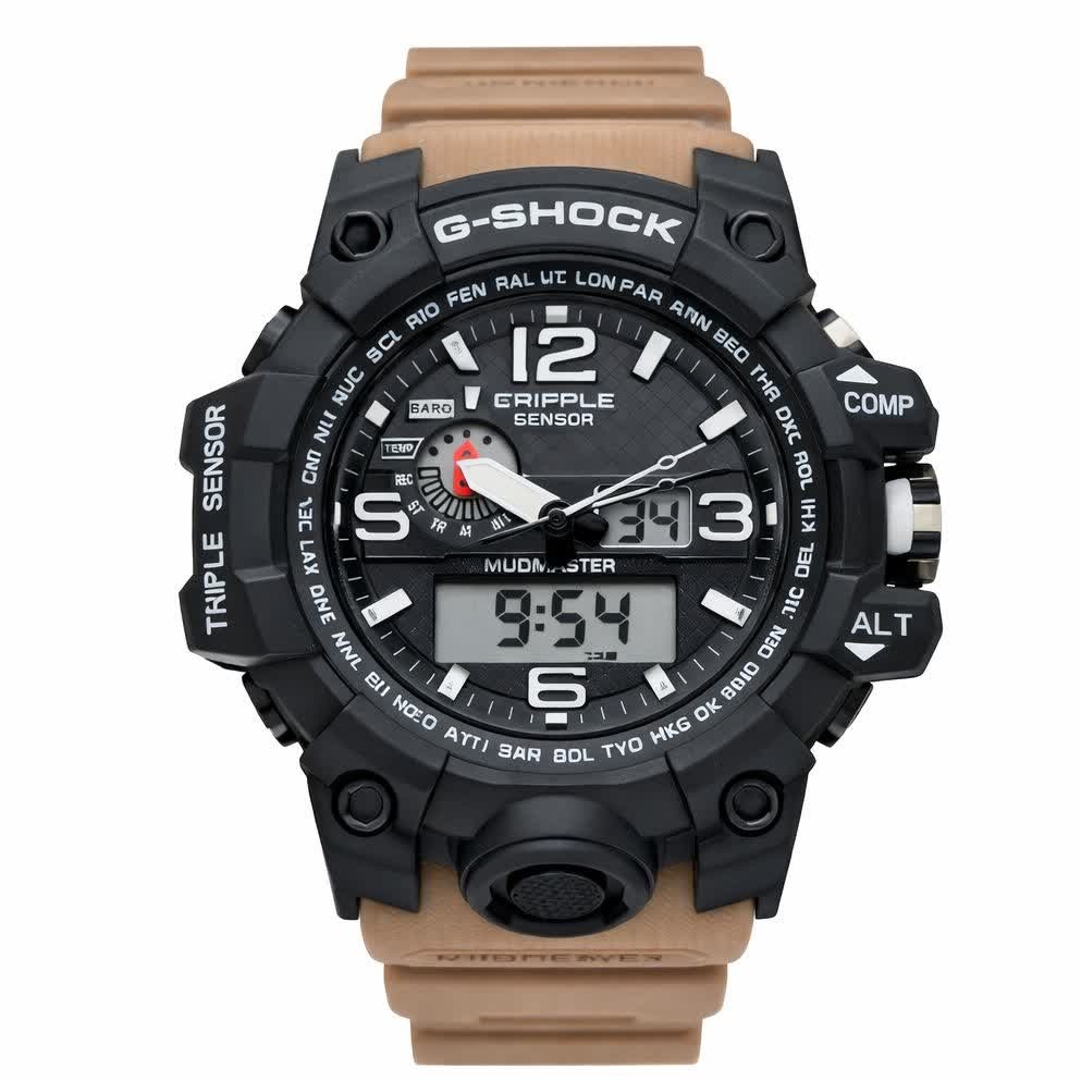 ساعت مچی مردانه عقربه ای و دیجیتال کاسیو جیشاک CASIO G-SHOOK بند کرمی + جعبه اصلی