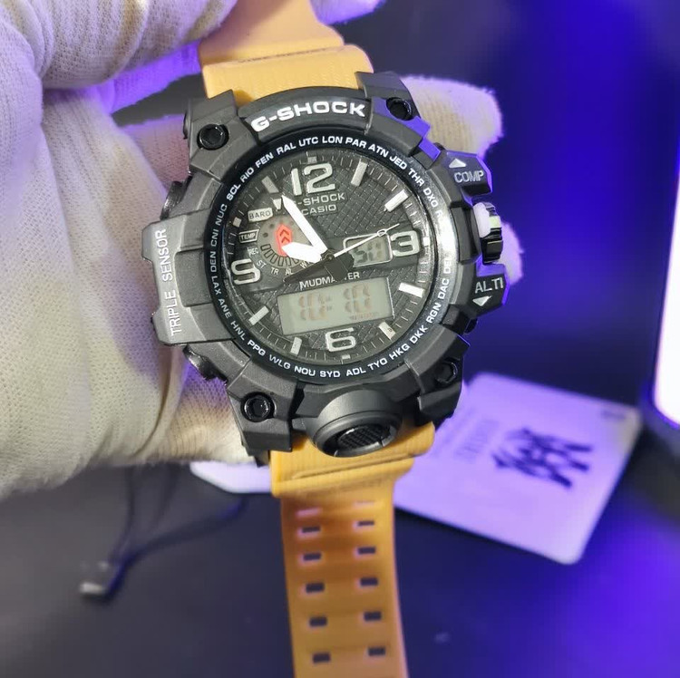 ساعت مچی مردانه عقربه ای و دیجیتال کاسیو جیشاک CASIO G-SHOOK بند کرمی + جعبه اصلی