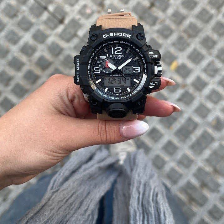ساعت مچی مردانه عقربه ای و دیجیتال کاسیو جیشاک CASIO G-SHOOK بند کرمی + جعبه اصلی