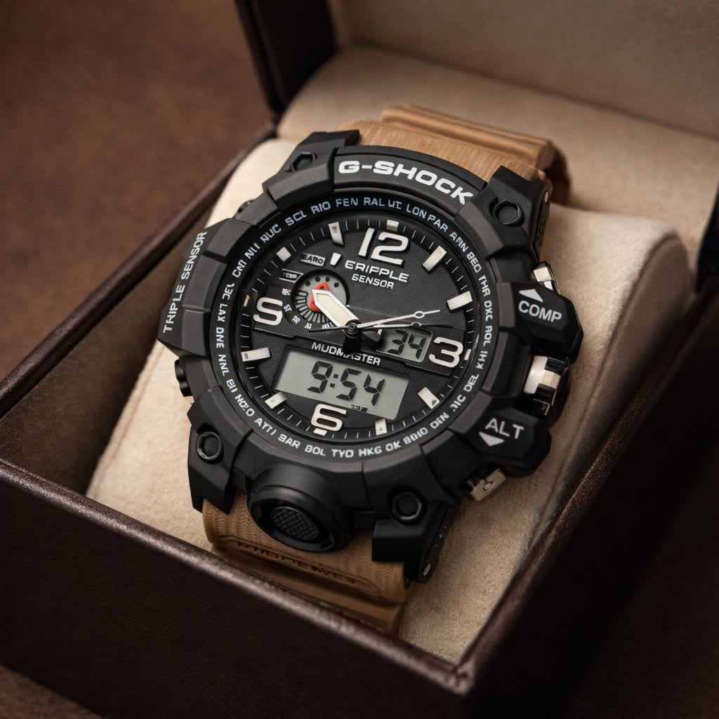 ساعت مچی مردانه عقربه ای و دیجیتال کاسیو جیشاک CASIO G-SHOOK بند کرمی + جعبه اصلی