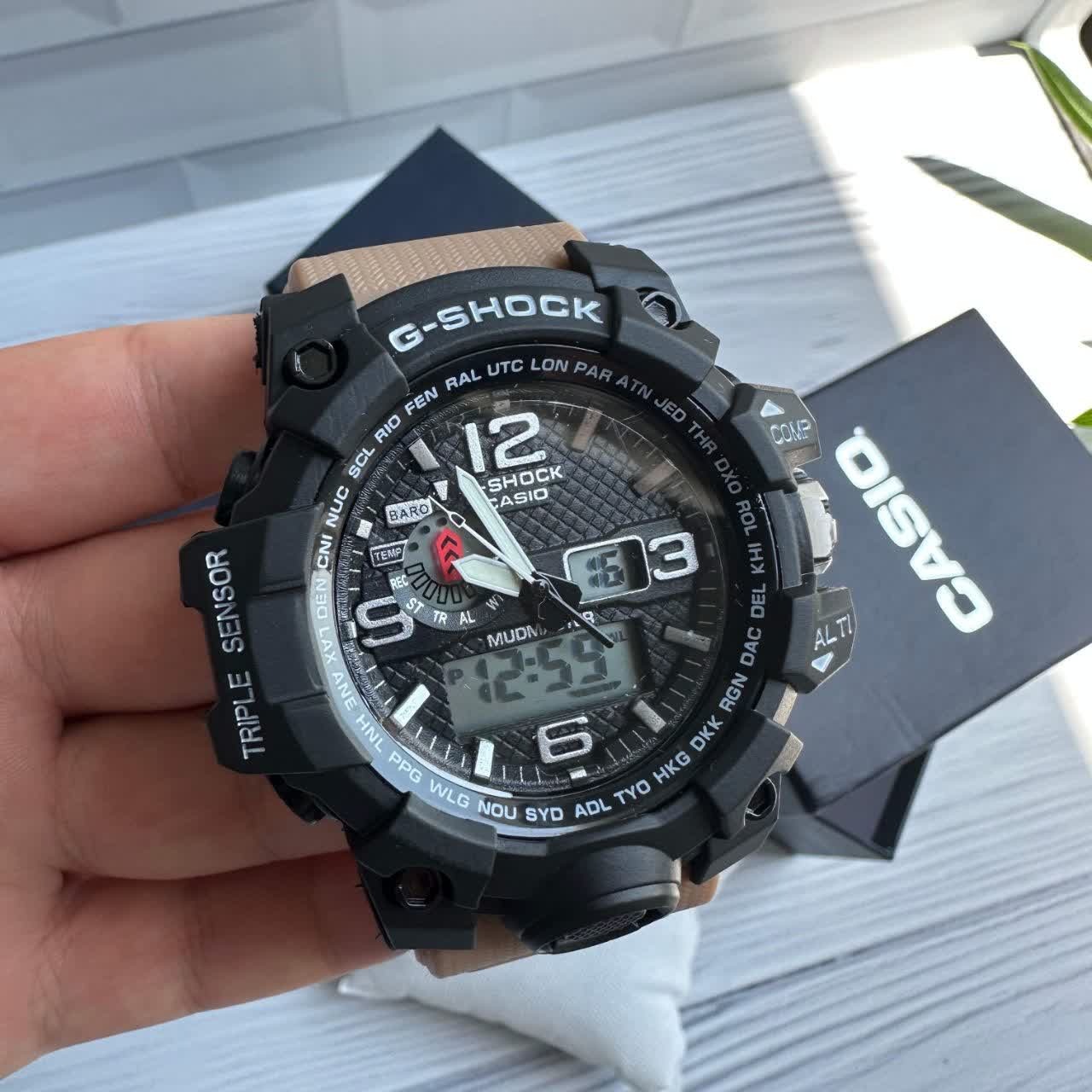 ساعت مچی مردانه عقربه ای و دیجیتال کاسیو جیشاک CASIO G-SHOOK بند کرمی + جعبه اصلی