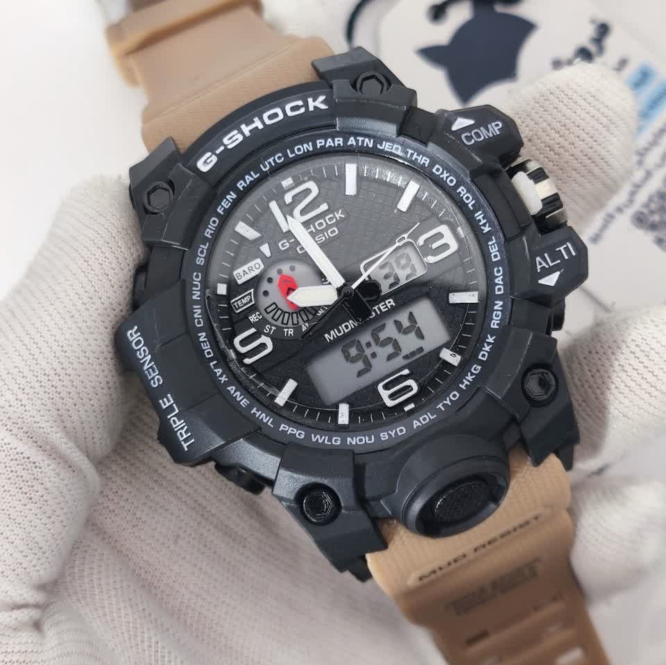 ساعت مچی مردانه عقربه ای و دیجیتال کاسیو جیشاک CASIO G-SHOOK بند کرمی + جعبه اصلی