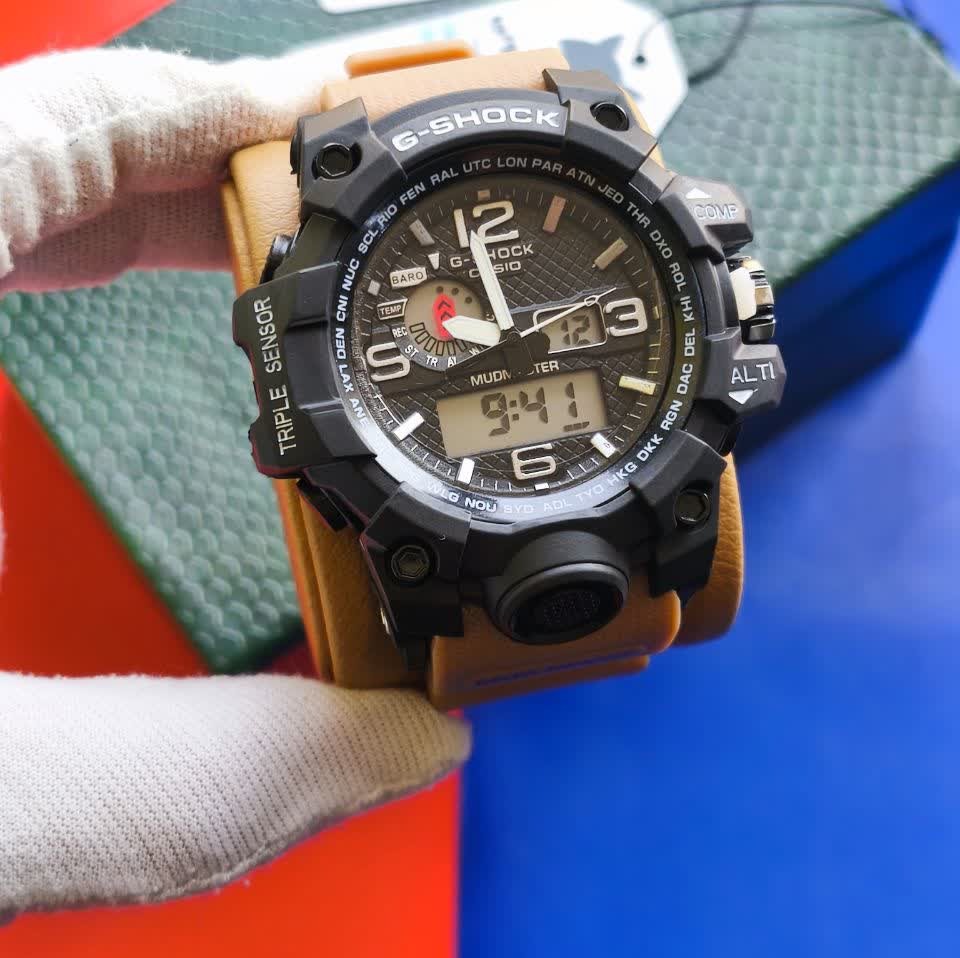 ساعت مچی مردانه عقربه ای و دیجیتال کاسیو جیشاک CASIO G-SHOOK بند کرمی + جعبه اصلی
