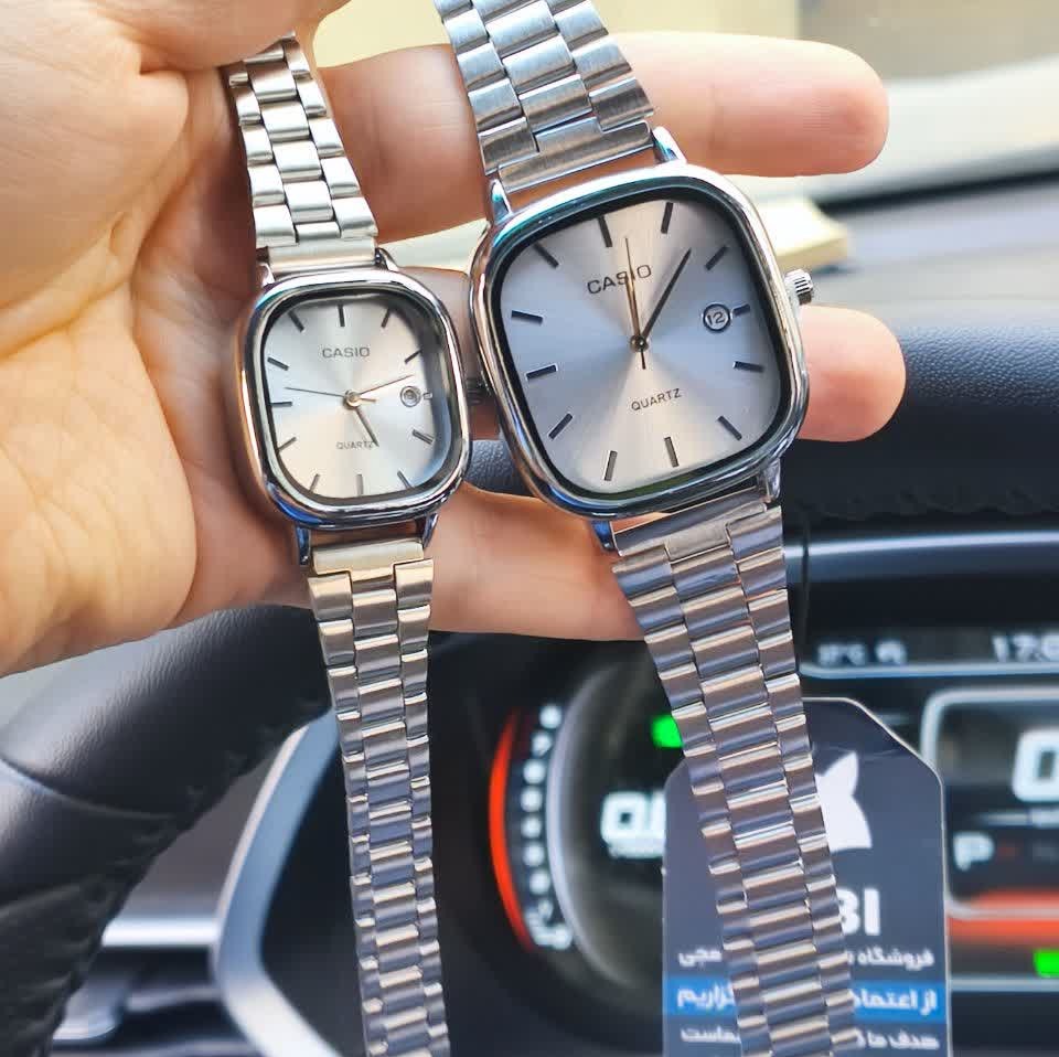 ست ساعت مچی مردانه و زنانه کاسیو اولدمانی CASIO موتور ژاپن صفحه تمام نقره ای