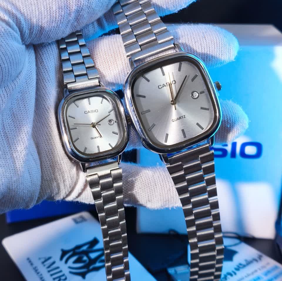 ست ساعت مچی مردانه و زنانه کاسیو اولدمانی CASIO موتور ژاپن صفحه تمام نقره ای