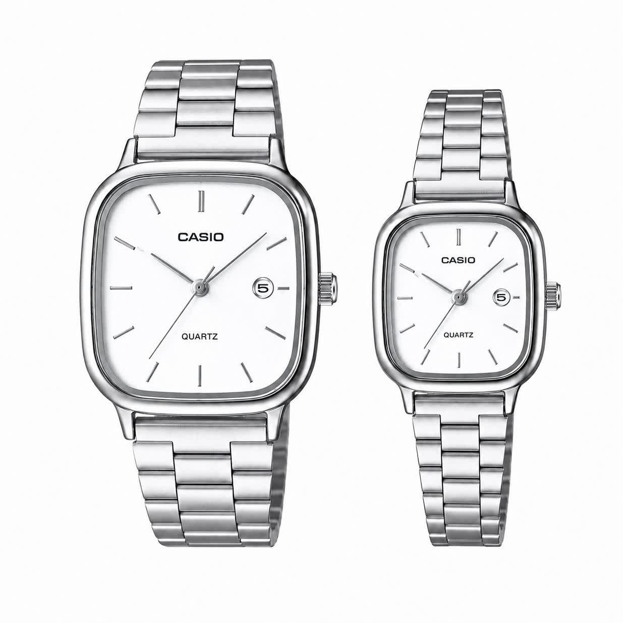 ست ساعت مچی مردانه و زنانه کاسیو اولدمانی CASIO موتور ژاپن صفحه تمام نقره ای