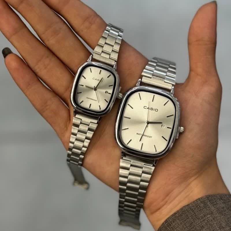 ست ساعت مچی مردانه و زنانه کاسیو اولدمانی CASIO موتور ژاپن صفحه تمام نقره ای