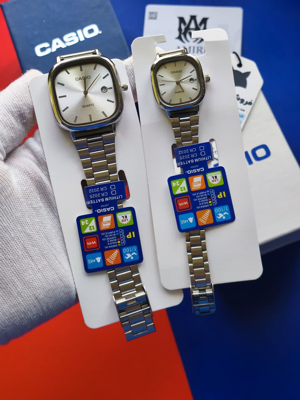 ست ساعت مچی مردانه و زنانه کاسیو اولدمانی CASIO موتور ژاپن صفحه تمام نقره ای