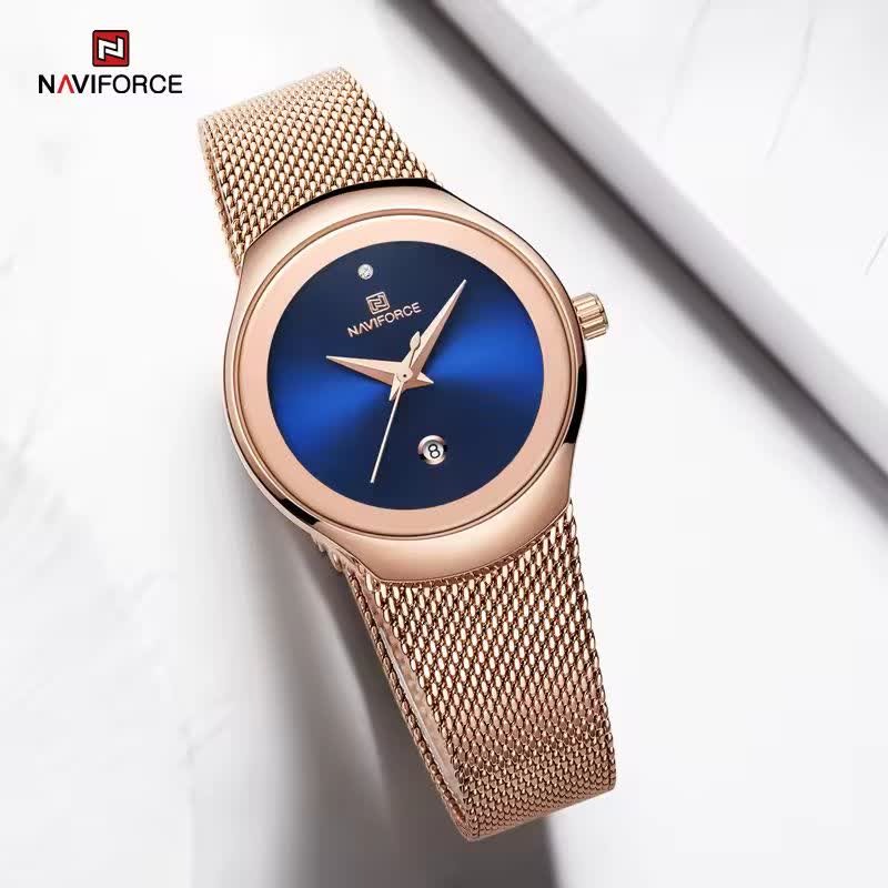 ساعت مچی نیوی فورس زنانه کرنوگراف NAVIFORCE مدل NF5004 موتور ژاپن رزگلد آبی حصیری