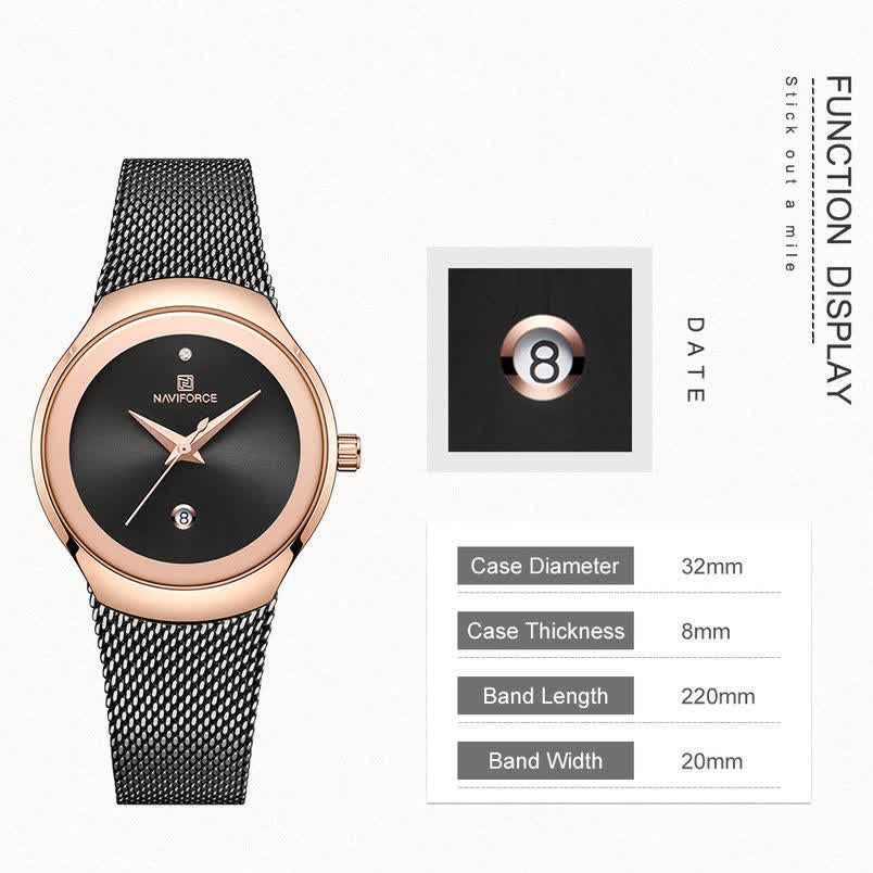 ساعت مچی نیوی فورس زنانه کرنوگراف NAVIFORCE مدل NF5004 موتور ژاپن مشکی حصیری