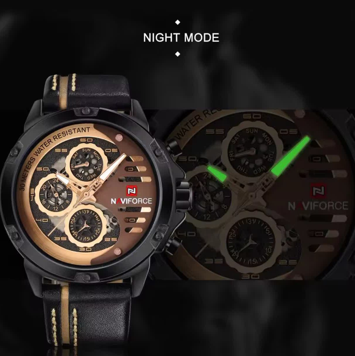 ساعت مچی نیوی فورس مردانه کرنوگراف NAVIFORCE مدل NF9110 موتور ژاپن مشکی