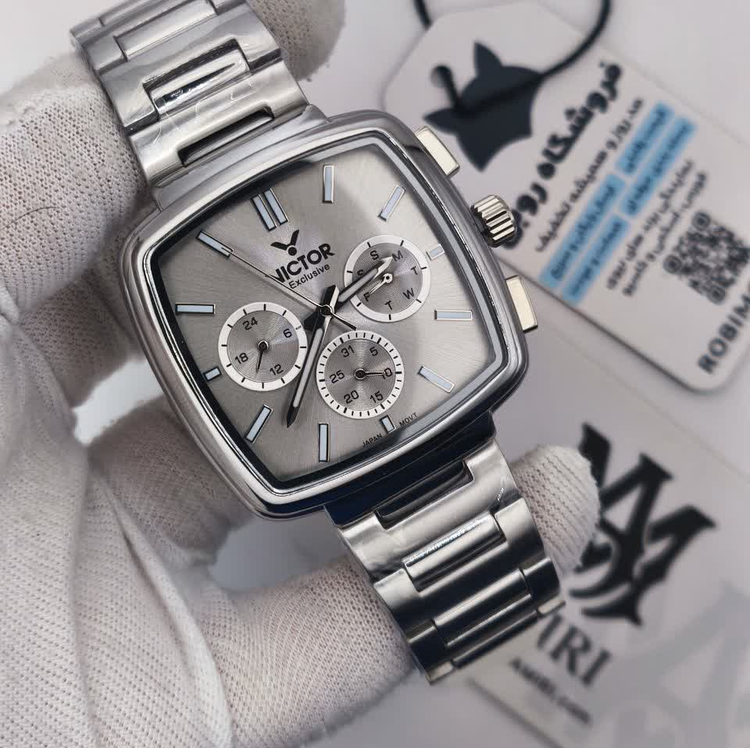 ساعت مچی کرنوگراف مردانه ویکتور VICTOR ژاپنی ارجینال نقره ای طوسی