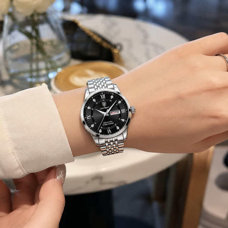 ساعت مچی زنانه پوداگار POEDAGAR اورجینال دو تقویمه صفحه مشکی مدل k1 نسخه اروپایی