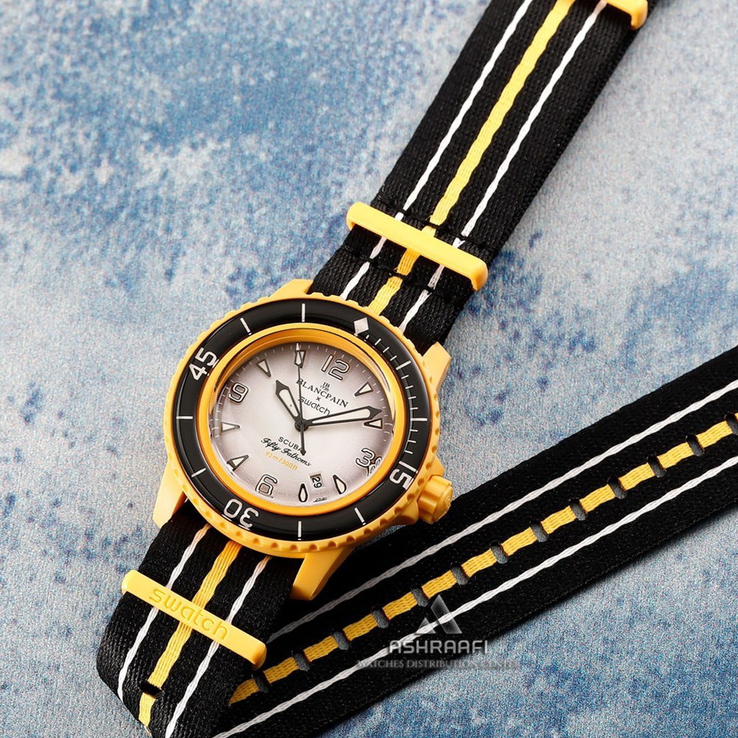 ساعت مچی مردانه و زنانه سواچ مدل Blancpain X Swatch Scuba Fifty Fathoms با بند برزنتی