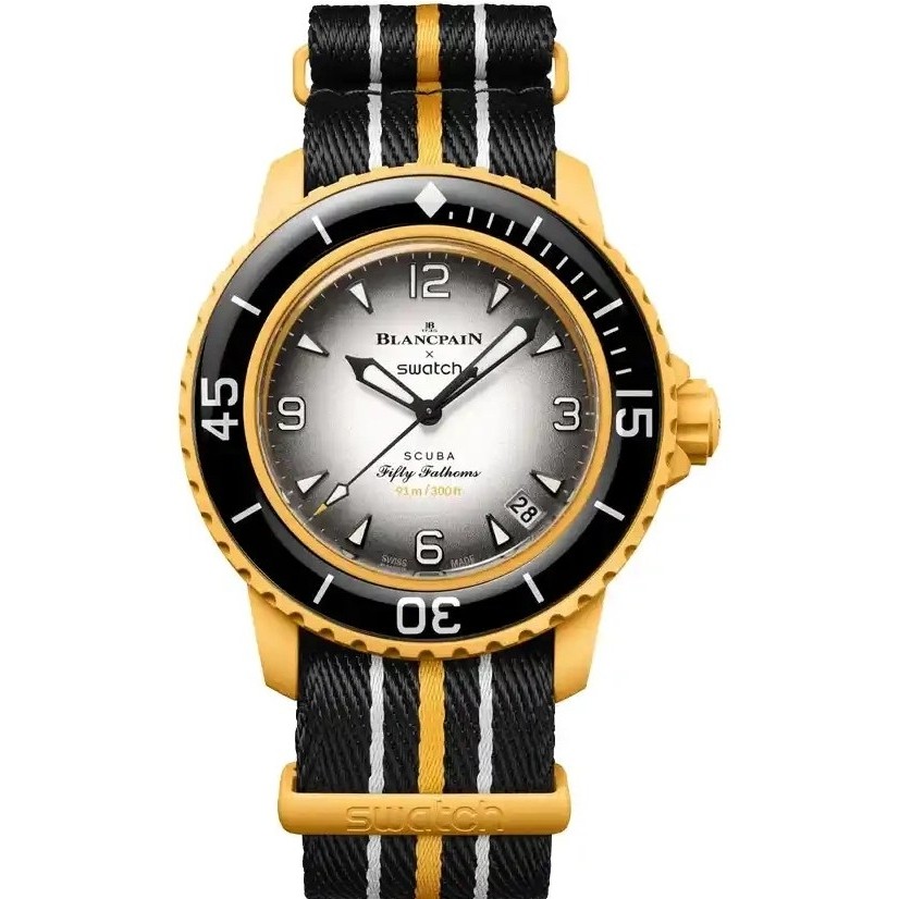 ساعت مچی مردانه و زنانه سواچ مدل Blancpain X Swatch Scuba Fifty Fathoms با بند برزنتی