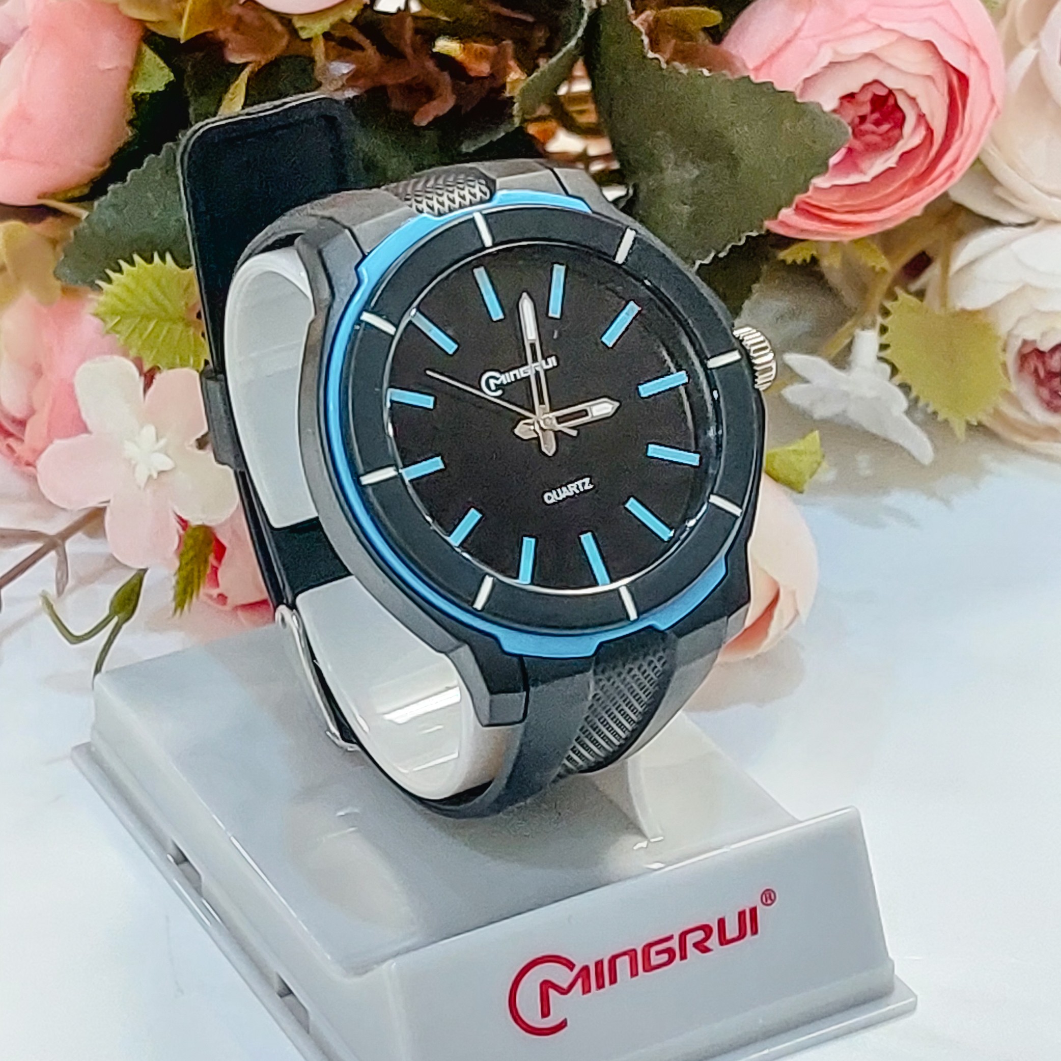 ساعت مچی عقربه ای مینگ روی مدل MR 8835G مشکی آبی آسمانی