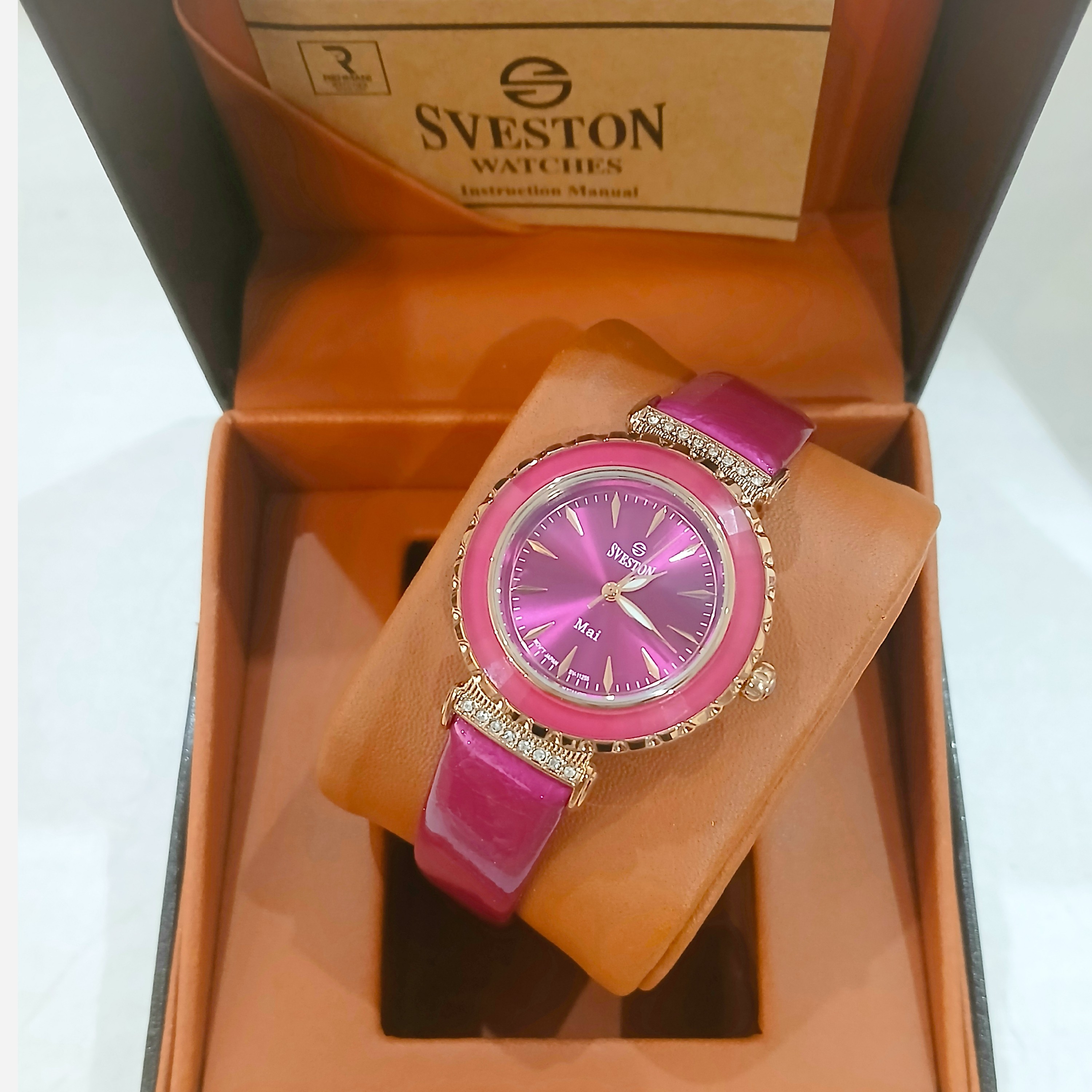ساعت مچی زنانه SVESTON Mai سویستون دور سرامیک بند چرم موتور میوتا ژاپن مدل SV-11255L