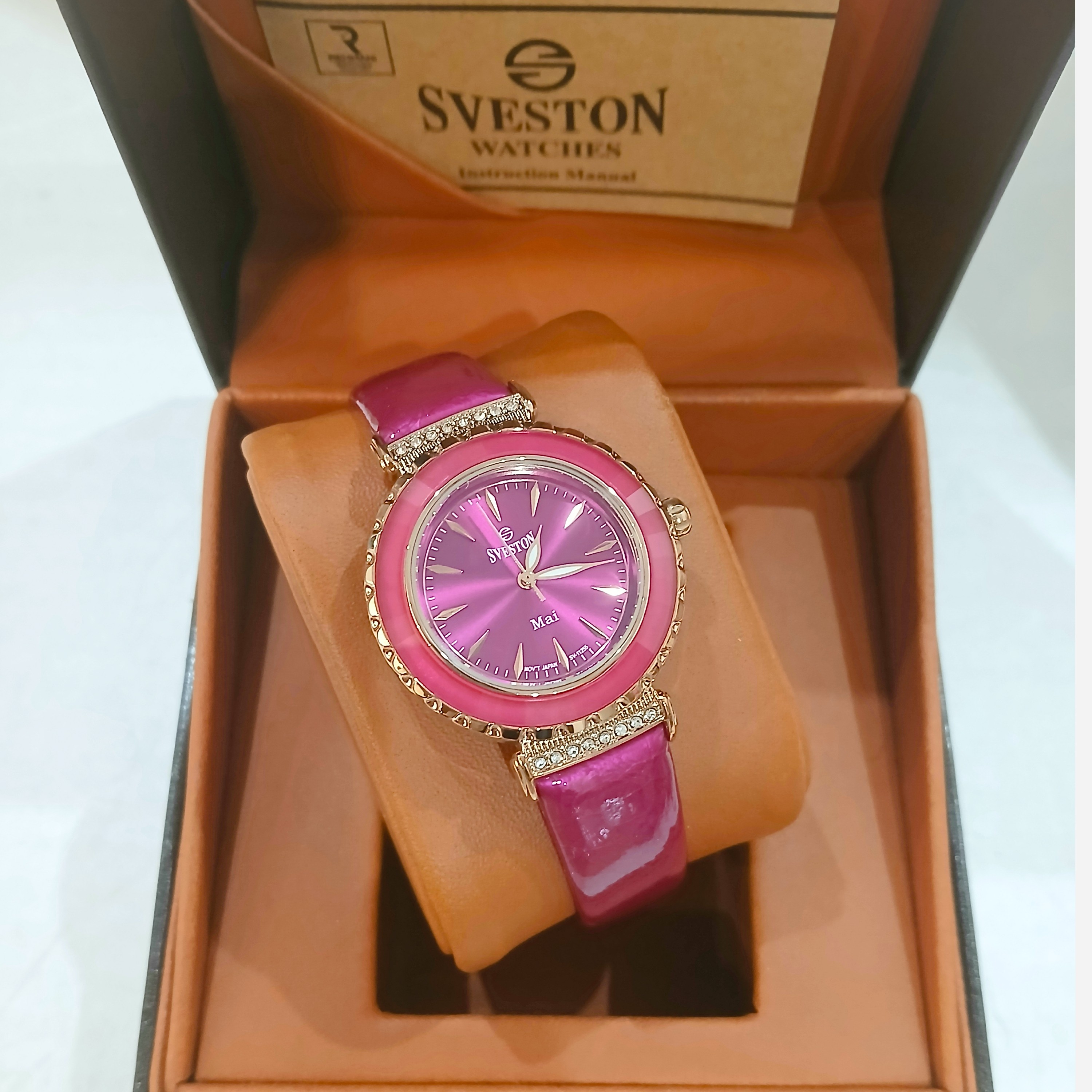 ساعت مچی زنانه SVESTON Mai سویستون دور سرامیک بند چرم موتور میوتا ژاپن مدل SV-11255L