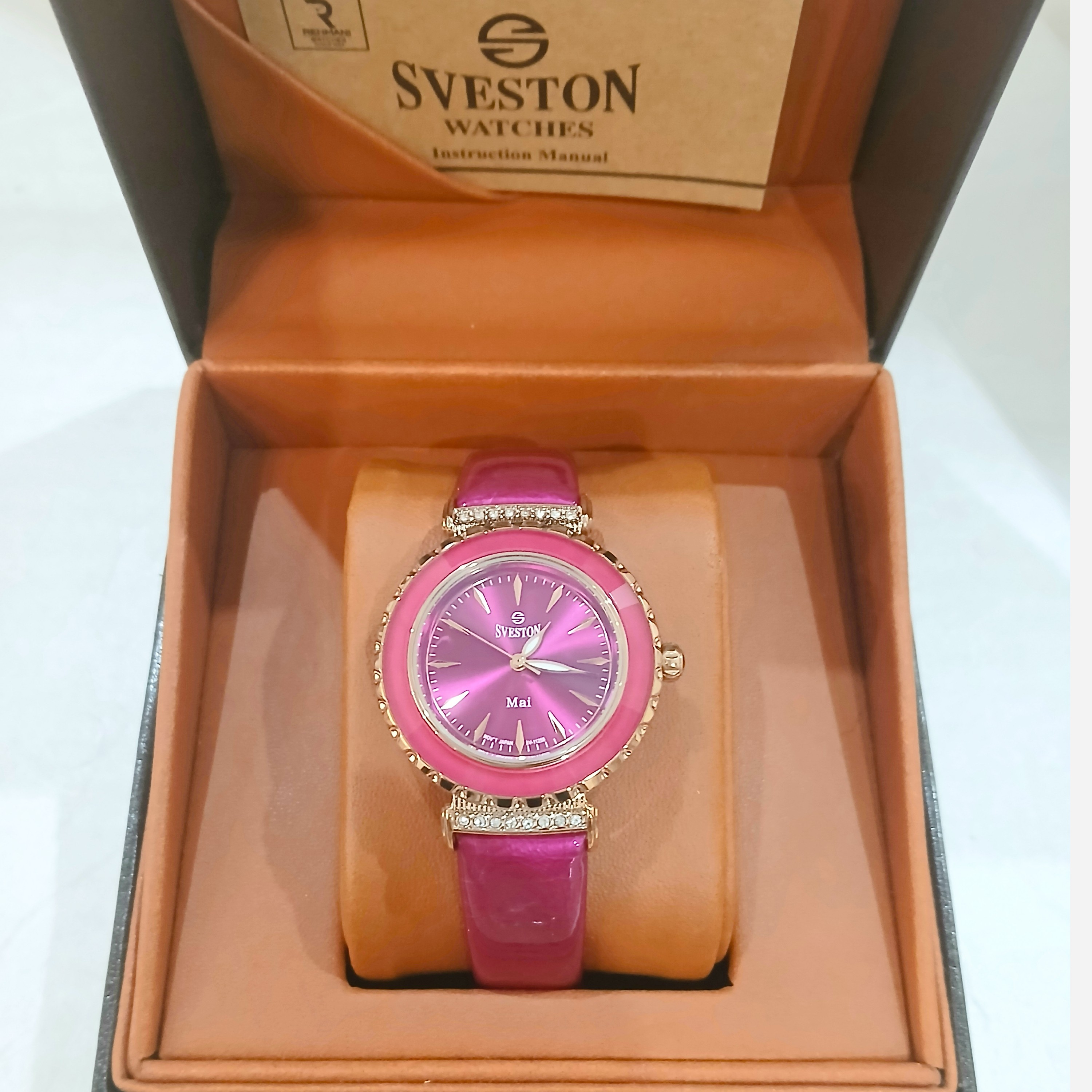 ساعت مچی زنانه SVESTON Mai سویستون دور سرامیک بند چرم موتور میوتا ژاپن مدل SV-11255L