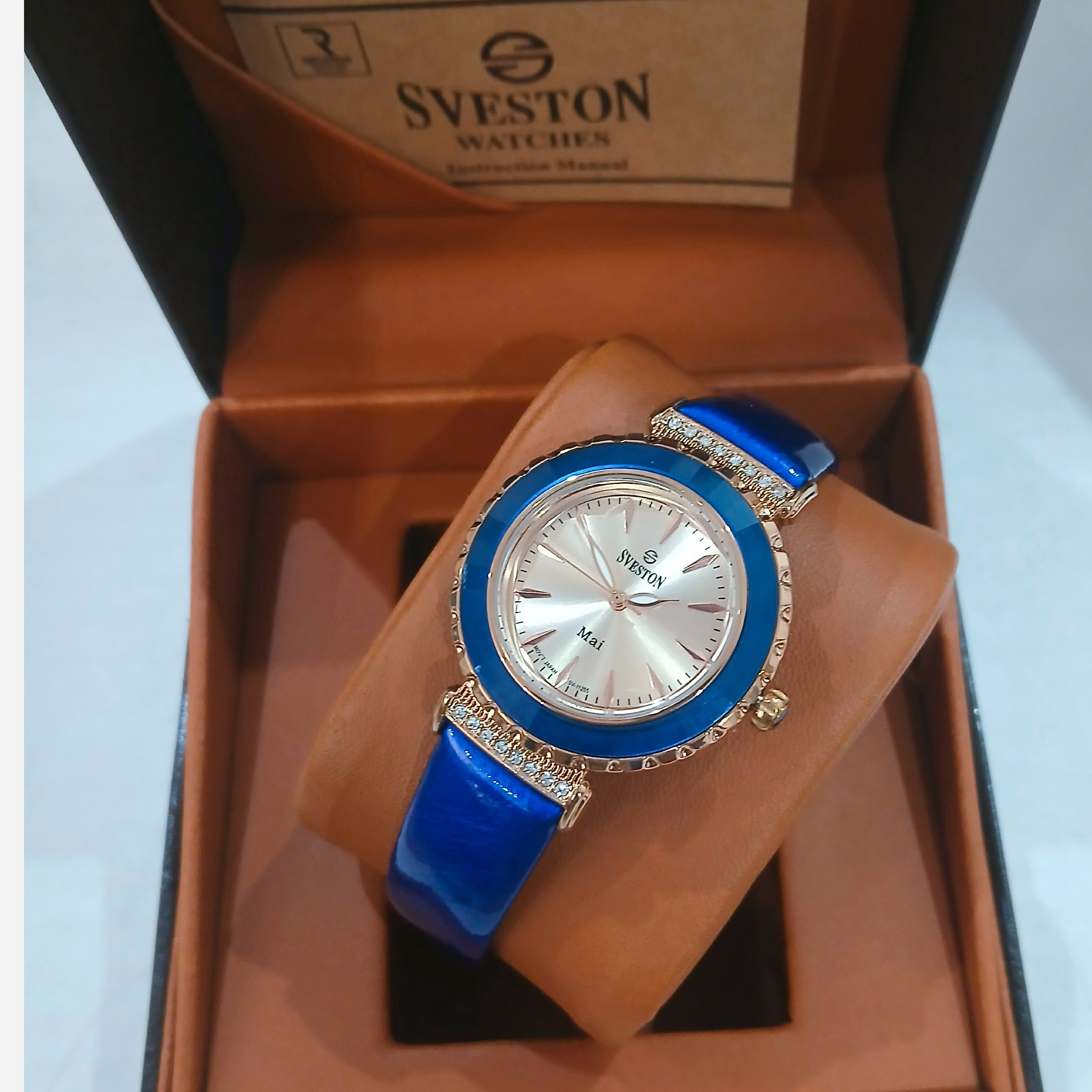 ساعت مچی زنانه SVESTON Mai دور سرامیک سویستون بند چرم موتور میوتا ژاپن مدل SV-11255L