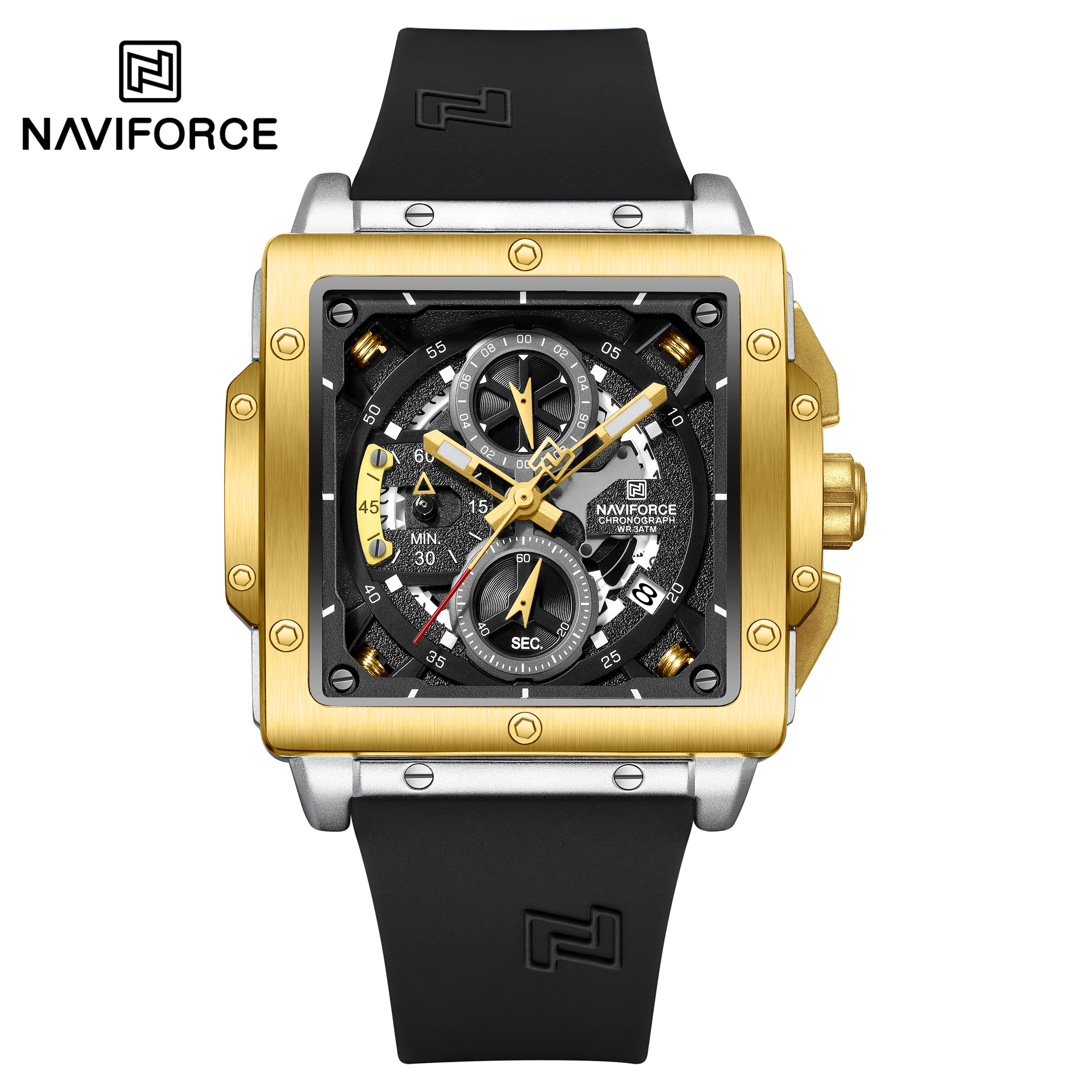 ساعت مچی مردانه نیوی فورس سیلیکونی مدل NAVIFORCE 8064 نقره ای طلایی