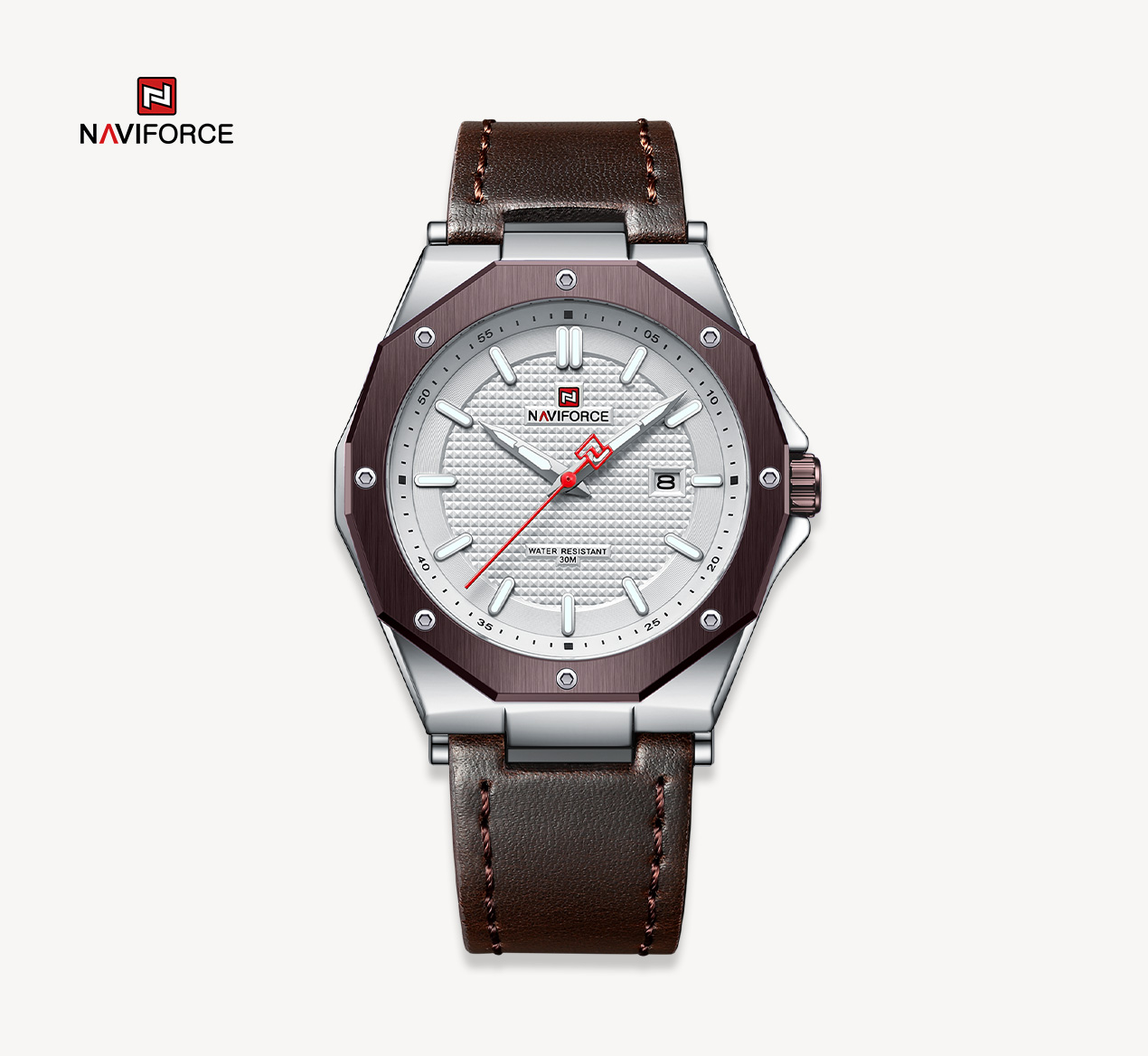 ساعت مچی مردانه چرمی مدل Naviforce 9200 قهوه ای سفید