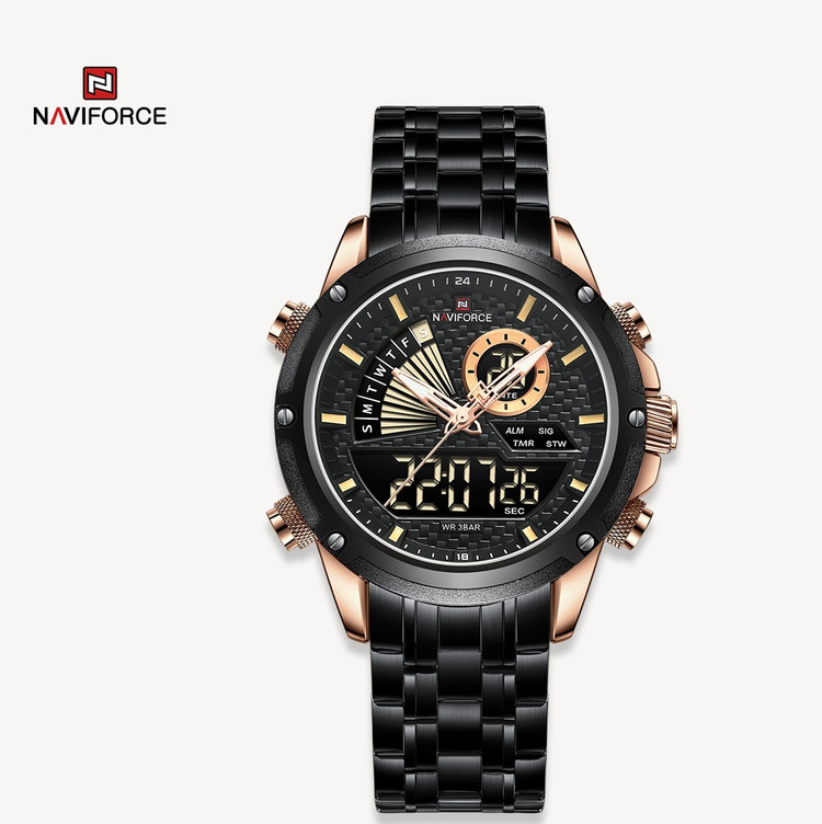 ساعت مچی مردانه نیوی فورس مدل naviforce 9205 مشکی رزگلد