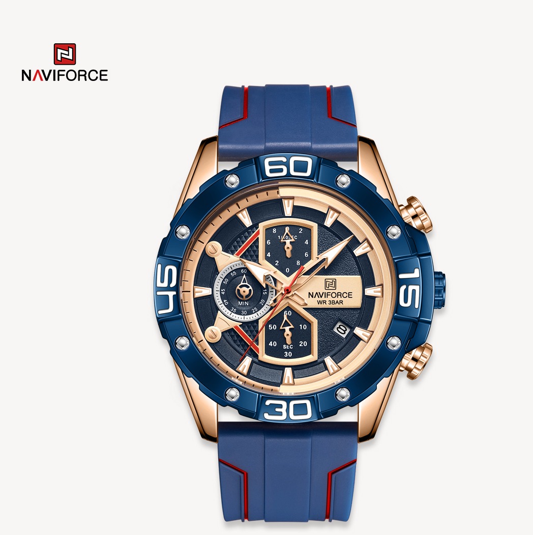 ساعت مچی مردانه نیوی فورس سیلیکون مدل NAVIFORCE 8018 آبی رزگلد