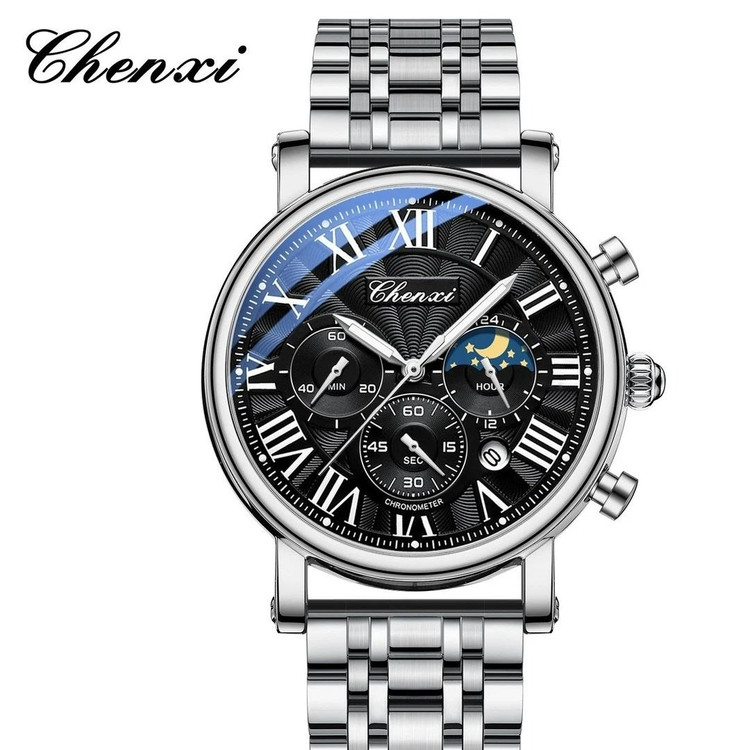 ساعت مچی مردانه چنکسی مدل CHENXI 973 نقره ای مشکی استیل