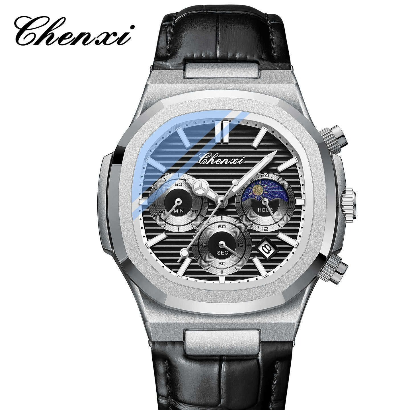 ساعت مچی مردانه چرم چنکسی مدل CHENXI 922 نقره ای مشکی
