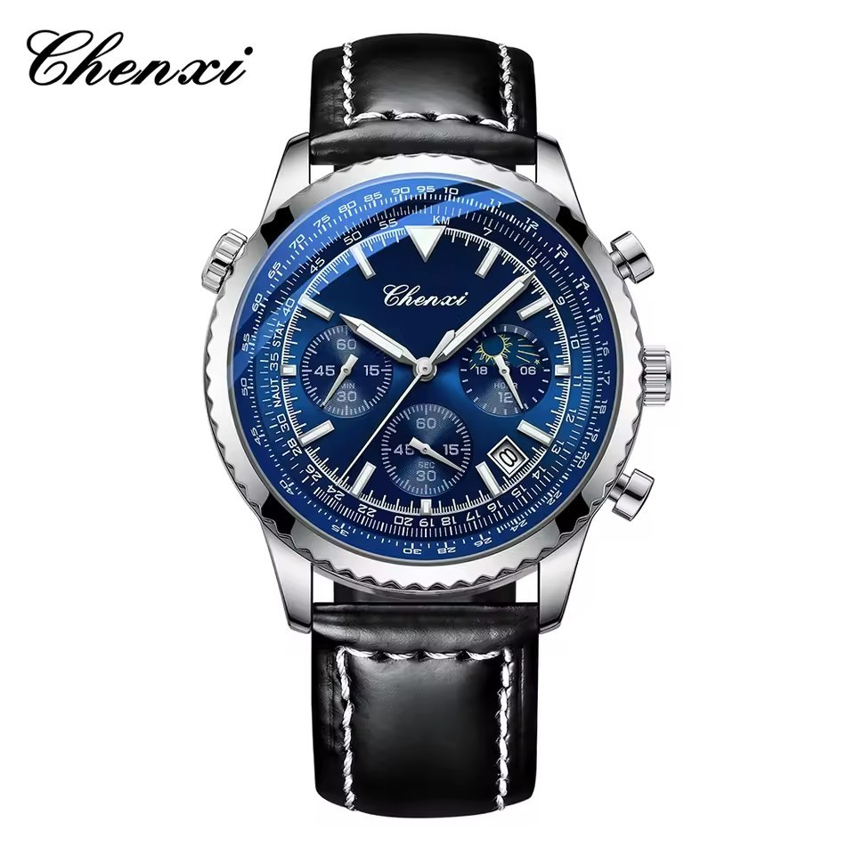 ساعت مردانه چنکسی CHENXI 928 نقره ای آبی چرم