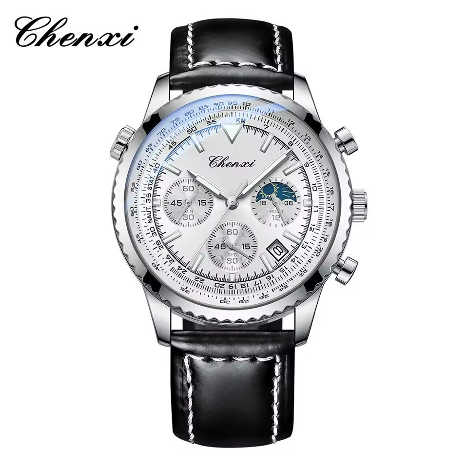 ساعت مردانه چنکسی CHENXI 928 نقره ای سفید چرم