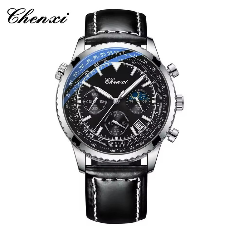 ساعت مردانه چنکسی CHENXI 928 نقره ای مشکی چرم