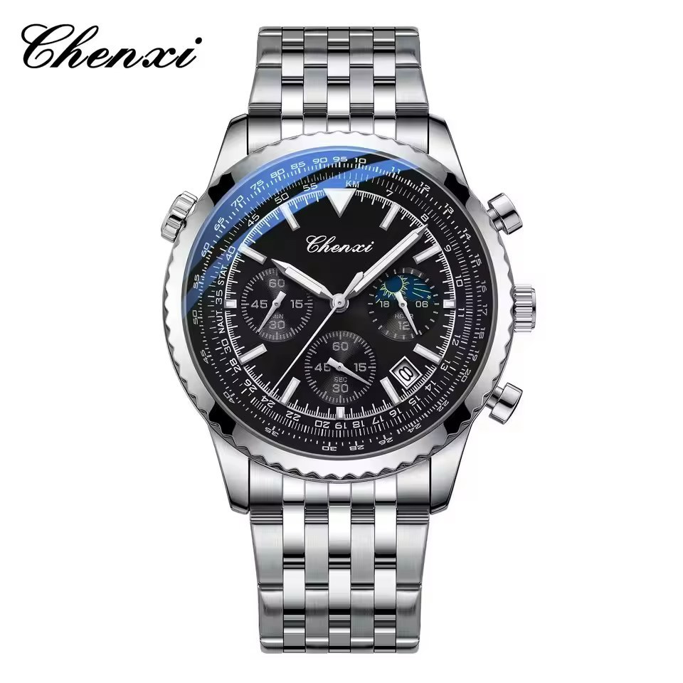 ساعت مردانه چنکسی CHENXI 928 نقره ای مشکی استیل