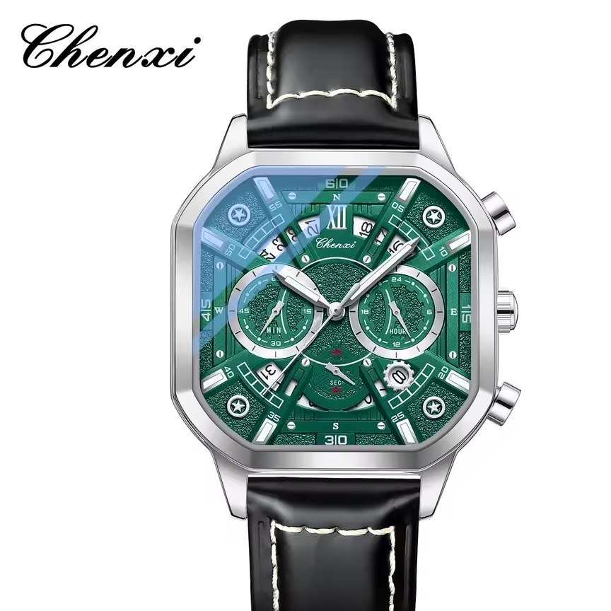 ساعت مچی مردانه چنکسی مدل CHENXI 9042 چرم نقره ای سبز