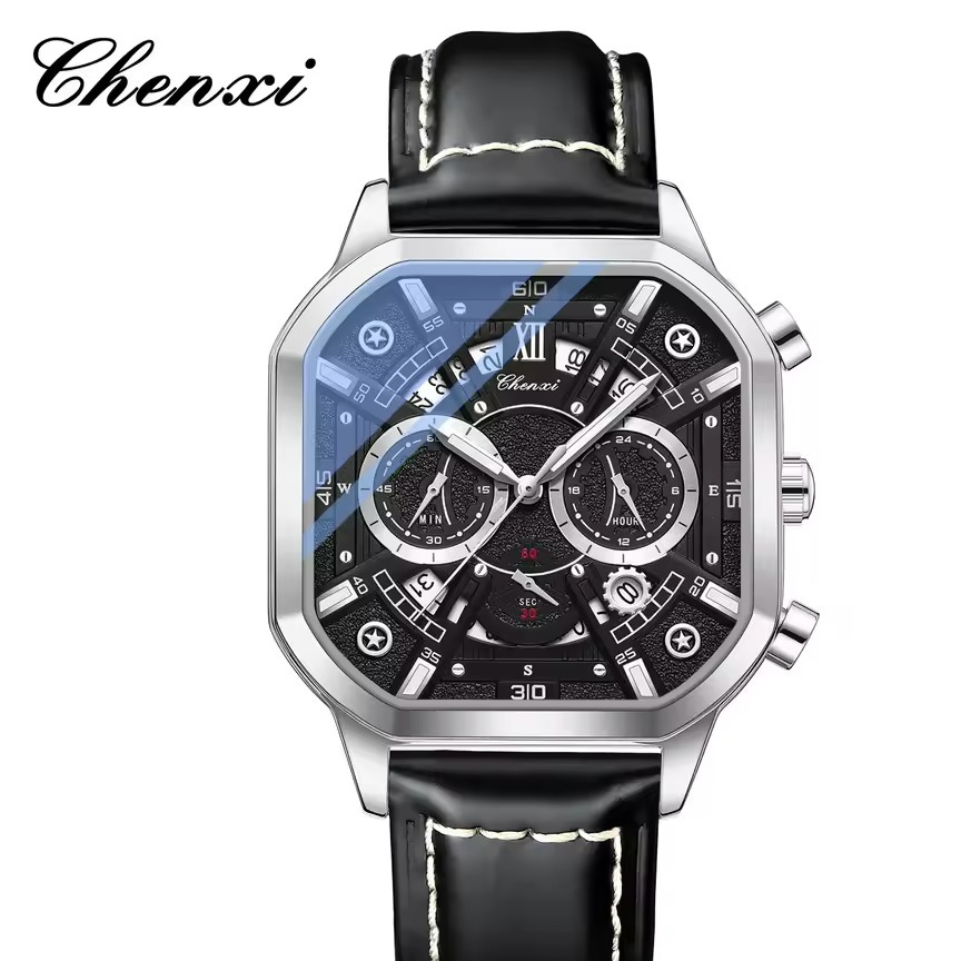 ساعت مچی مردانه چنکسی مدل CHENXI 9042 چرم نقره ای مشکی