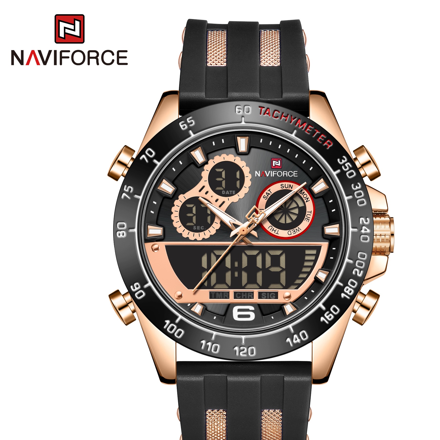 ساعت مچی مردانه سیلیکون مدل naviforce 9188 مشکی رزگلد