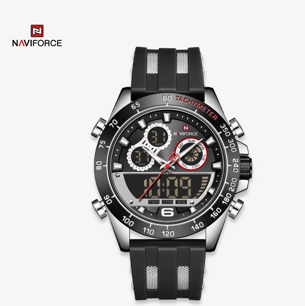 ساعت مچی مردانه سیلیکون مدل naviforce 9188 نقره ای مشکی