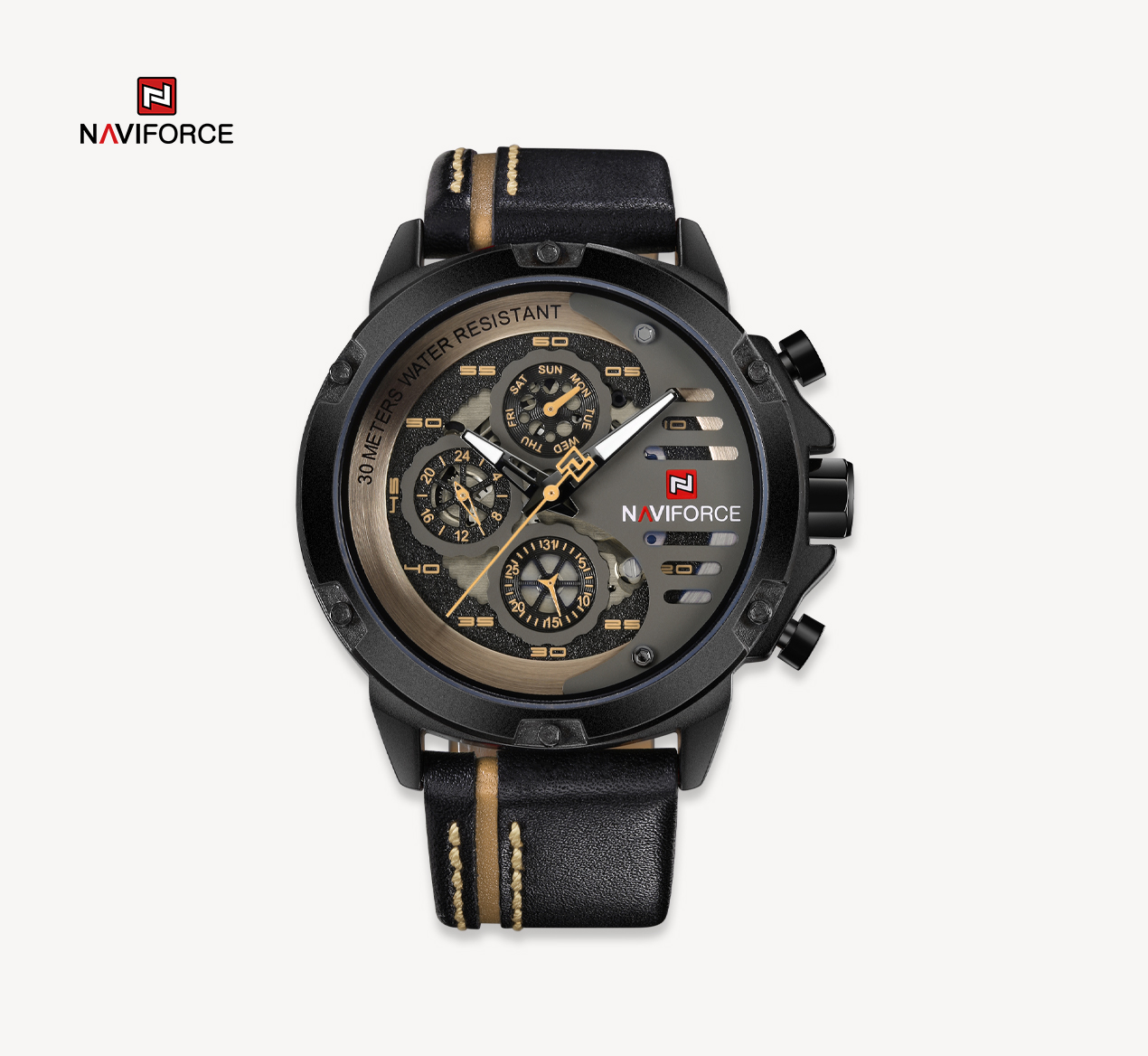 ساعت مچی مردانه چرمی مدل Naviforce 9110 مشکی زرد
