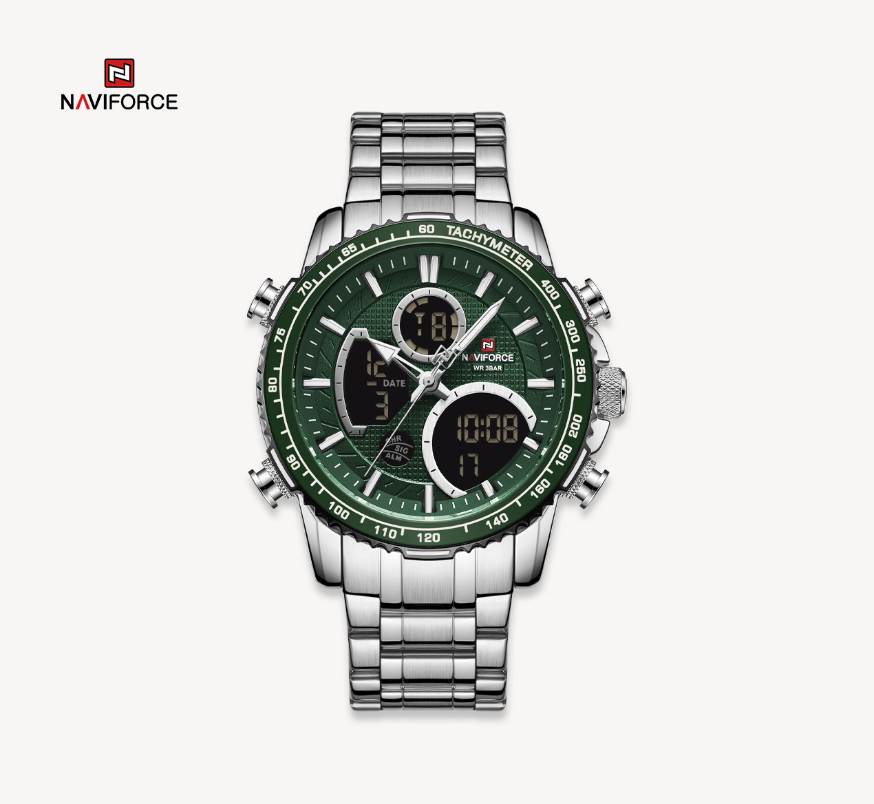 ساعت مچی مردانه نیوی فورس مدل naviforce 9182نقره ای سبز