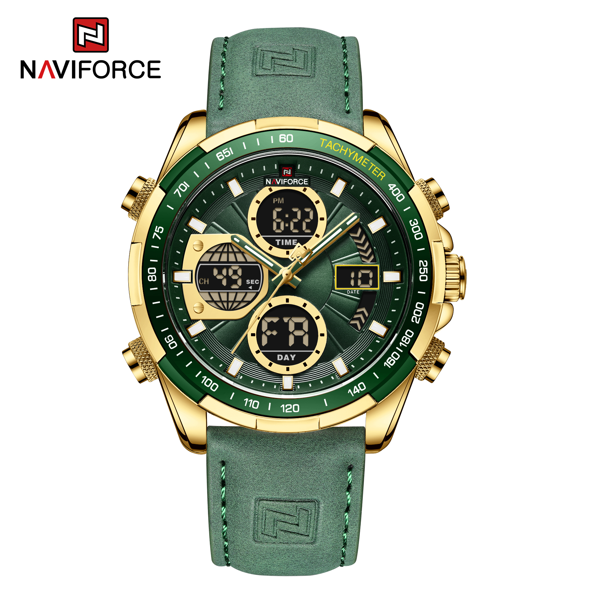ساعت مچی مردانه نیوی فورس چرمی مدل Naviforce 9197 طلایی سبز