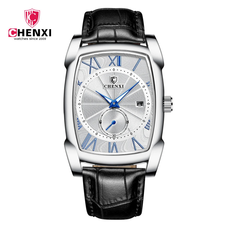 ساعت مچی مردانه چنکسی مدل CHENXI 8209 نقره ای بند مشکی چرم