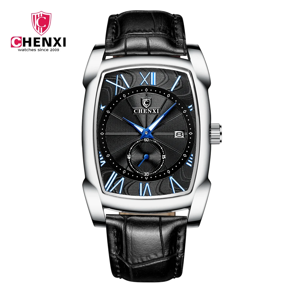ساعت مچی مردانه چنکسی مدل CHENXI 8209 نقره ای صفحه مشکی چرم